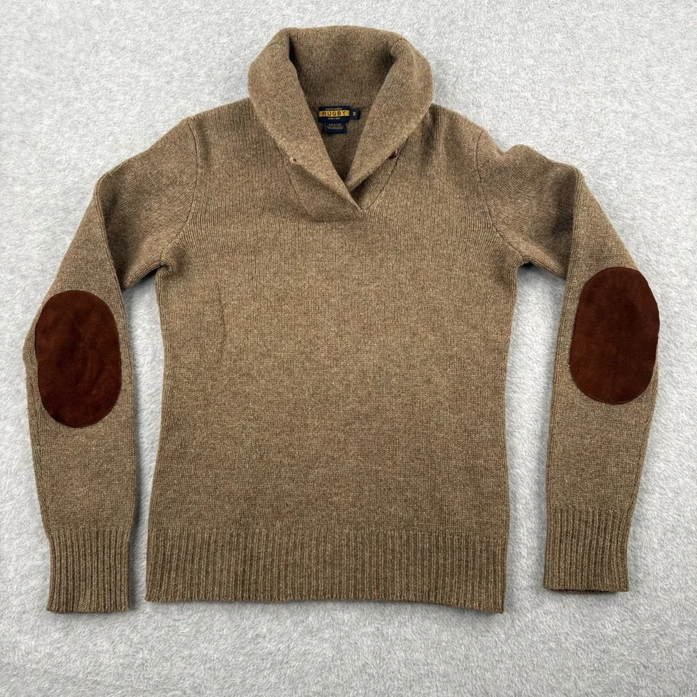 Ralph Lauren Rugby Sweater Mens Small Brown Elbow Patches 100% Wool Shawl Collar